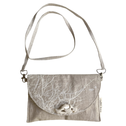 JUST BEE DESIGNS | ‘White Coral on Flax’ Art Clutch / Shoulder Bag | Removable Strap | Pure linen / handprinted