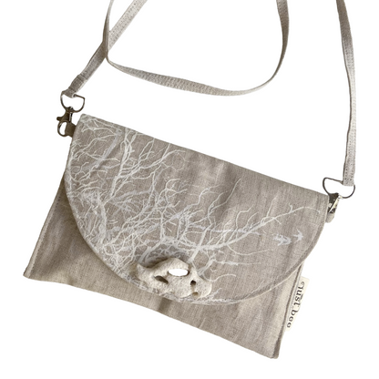 JUST BEE DESIGNS | ‘White Coral on Flax’ Art Clutch / Shoulder Bag | Removable Strap | Pure linen / handprinted