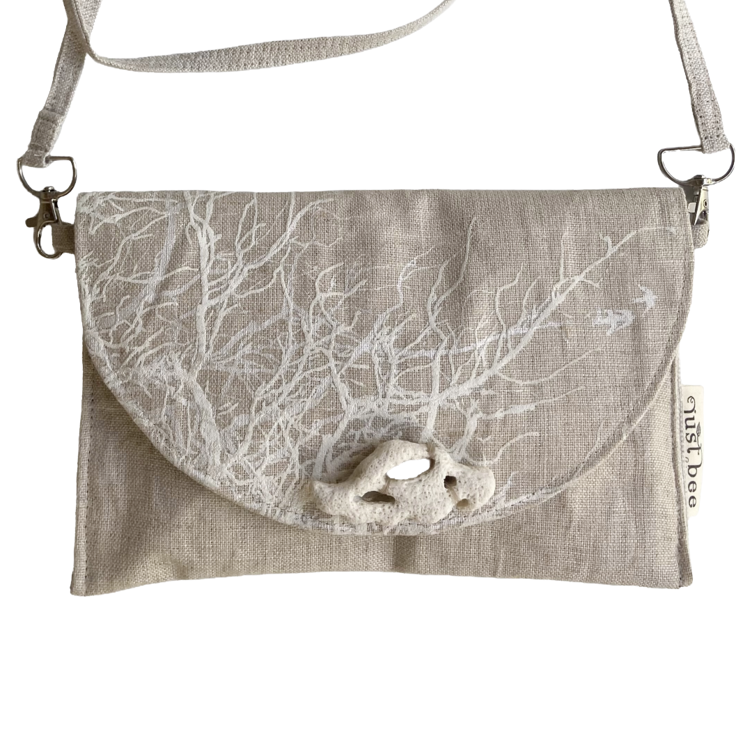 JUST BEE DESIGNS | ‘White Coral on Flax’ Art Clutch / Shoulder Bag | Removable Strap | Pure linen / handprinted