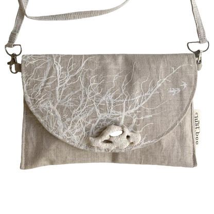JUST BEE DESIGNS | ‘White Coral on Flax’ Art Clutch / Shoulder Bag | Removable Strap | Pure linen / handprinted