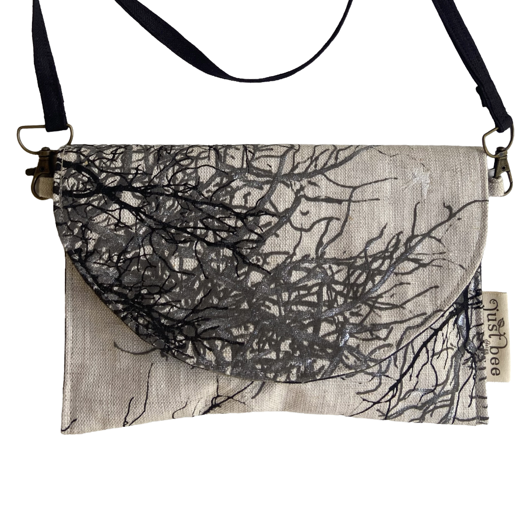 JUST BEE DESIGNS | ‘Black Tree Branches’ Art Clutch / Shoulder Bag | Removable Strap | Pure linen / handprinted