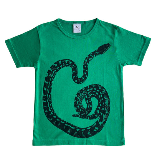BIRDTRIBE WEARABLE ART | 'Eco Kids Clothes - Black Snake + Green Shirt' | 100% Cotton / Screen-printed in Australia