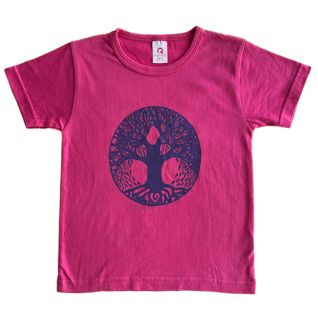 BIRDTRIBE WEARABLE ART | 'Eco Kids Clothes - Pink Shirt + Purple Tree' | 100% Cotton / Screen-printed in Australia