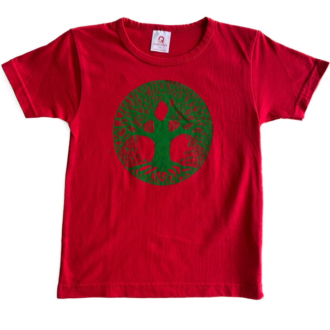 BIRDTRIBE WEARABLE ART | 'Eco Kids Clothes - Red Shirt + Green Tree' | 100% Cotton / Screen-printed in Australia