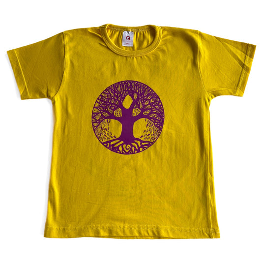 BIRDTRIBE WEARABLE ART | 'Eco Kids Clothes - Purple Tree + Yellow Shirt' | 100% Cotton / Screen-printed in Australia