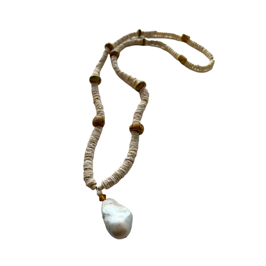 PEARL AND SALTY PLUM | ‘Ostrich Egg Necklace’ | Mixed Media Necklace | Ostrich Egg / Bone / African Trade beads / Freshwater pearls