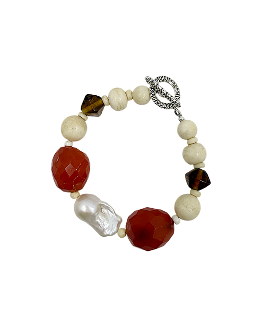 PEARL AND SALTY PLUM | ‘Carnelian and Camel Bracelet’ | Camel bone / Baroque freshwater pearls / carnelian