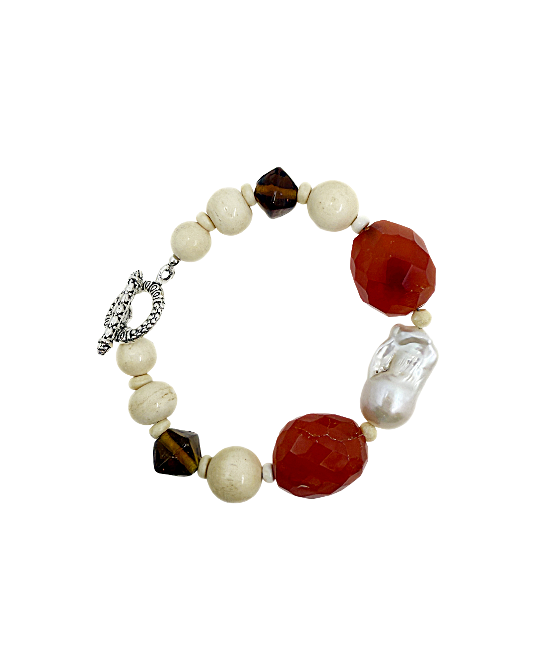 PEARL AND SALTY PLUM | ‘Carnelian and Camel Bracelet’ | Camel bone / Baroque freshwater pearls / carnelian