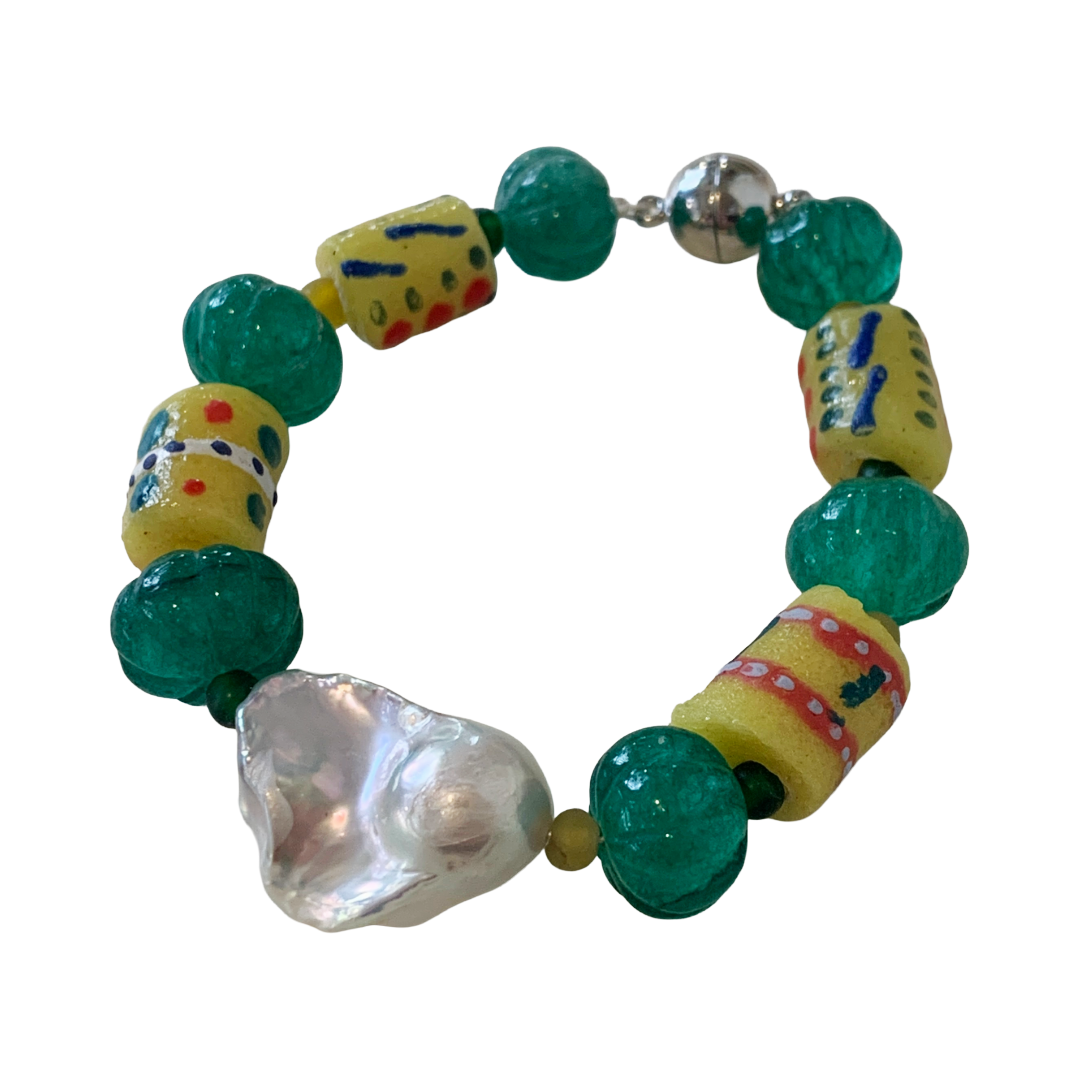 PEARL AND SALTY PLUM | ‘Emerald and Pearl Bracelet’ | emerald + krobo beads / baroque freshwater pearls