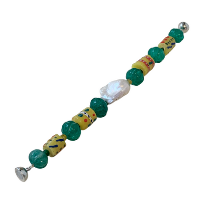 PEARL AND SALTY PLUM | ‘Emerald and Pearl Bracelet’ | emerald + krobo beads / baroque freshwater pearls