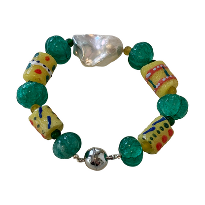 PEARL AND SALTY PLUM | ‘Emerald and Pearl Bracelet’ | emerald + krobo beads / baroque freshwater pearls