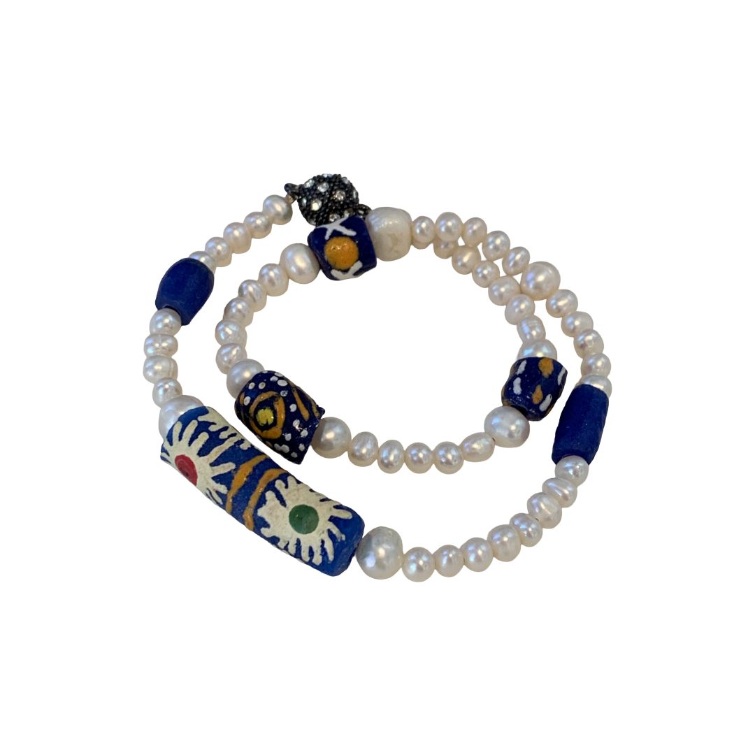 PEARL AND SALTY PLUM | ‘Wrap Around Pearl Bracelet’ | krobo beads / baroque freshwater pearls