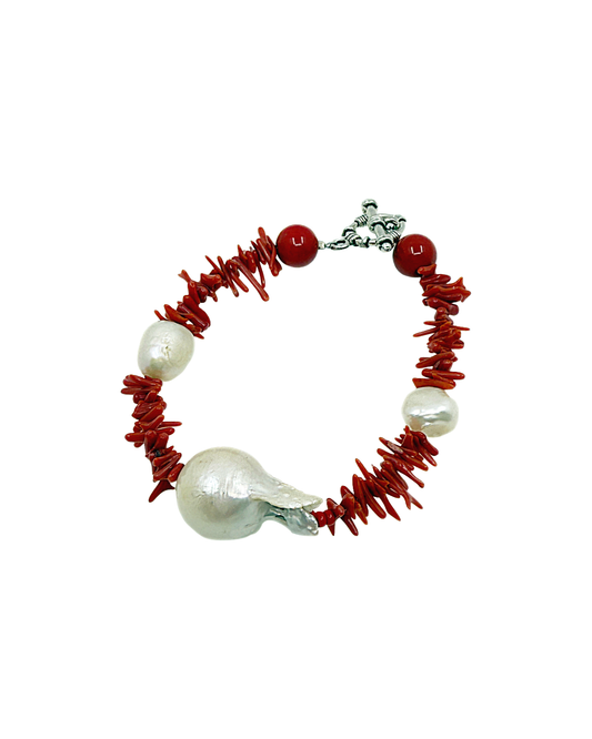 PEARL AND SALTY PLUM | ‘Coral and Pearl Bracelet’ | Red coral/ Baroque freshwater pearls