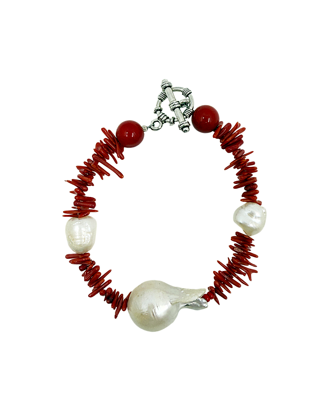 PEARL AND SALTY PLUM | ‘Coral and Pearl Bracelet’ | Red coral/ Baroque freshwater pearls