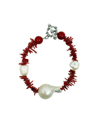 PEARL AND SALTY PLUM | ‘Coral and Pearl Bracelet’ | Red coral/ Baroque freshwater pearls