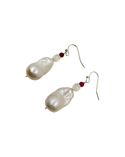 PEARL AND SALTY PLUM | ‘Baroque Pearl earrings II’ | Baroque freshwater pearls / tourmaline / ruby beads