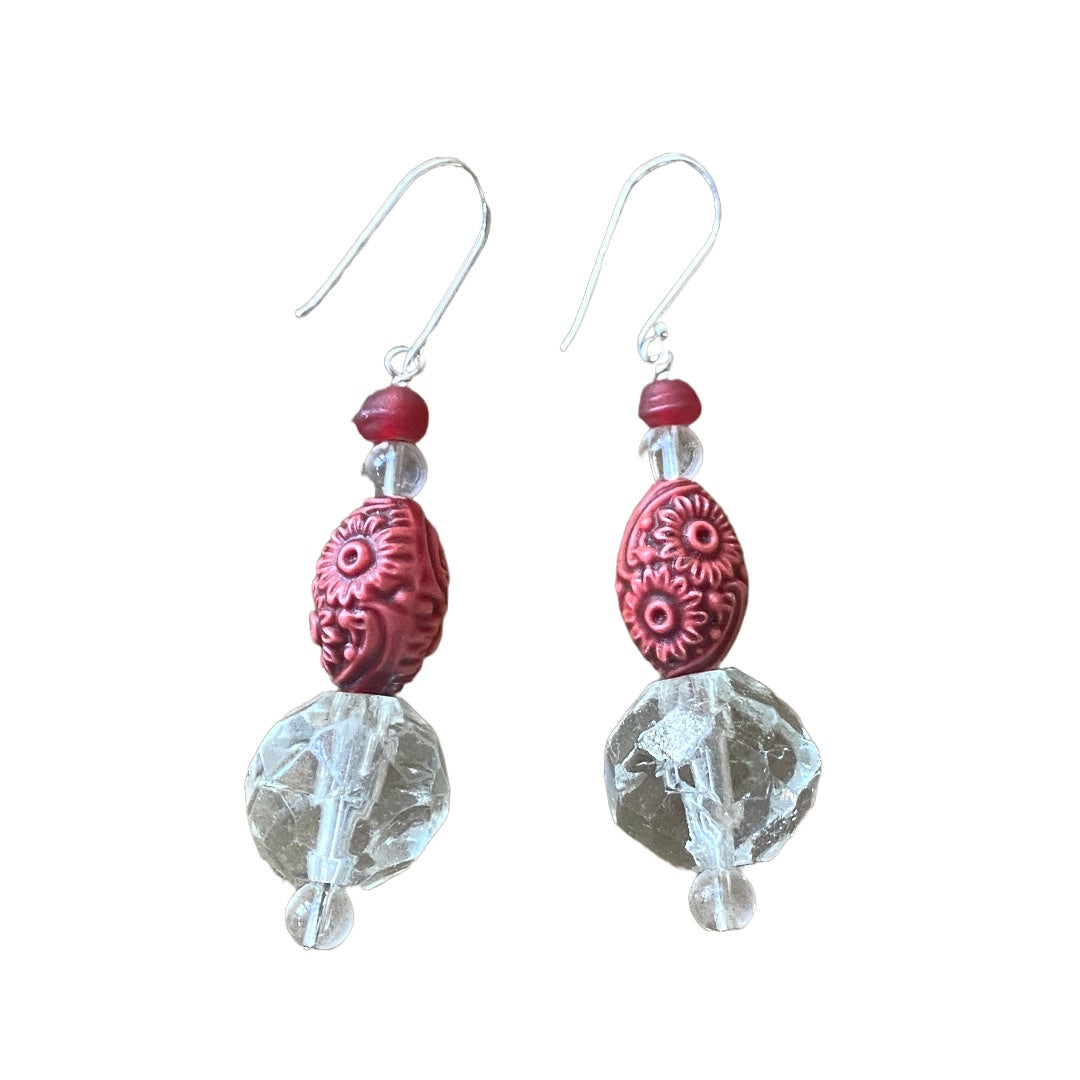 PEARL AND SALTY PLUM | ‘French Crystal + Resin Earrings #1’ | Silver hooks