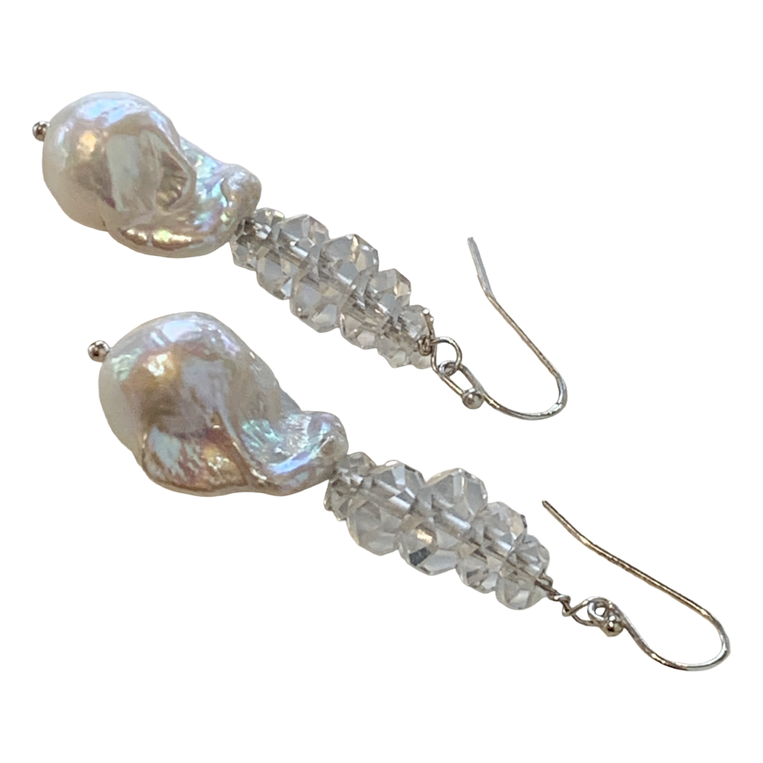 PEARL AND SALTY PLUM | ‘Pearl + Crystal Earrings' | Baroque Freshwater Pearls / facected clear crystal beads