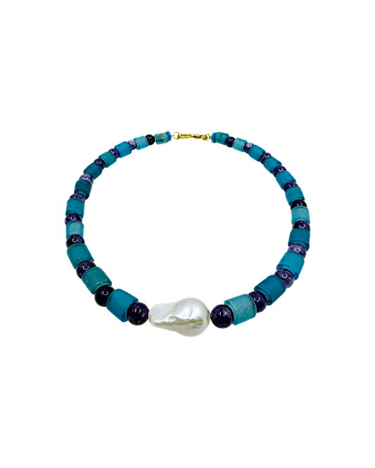 PEARL AND SALTY PLUM | ‘Amethyst Pendant Choker’ | Amethyst beads / Baroque freshwater pearls / glass beads