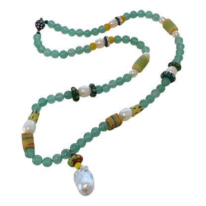 PEARL AND SALTY PLUM | ‘Aventurine Necklace’ | African glass beads + baroque freshwater pearls