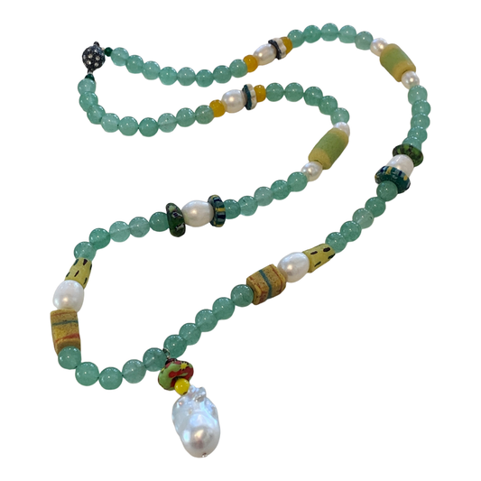 PEARL AND SALTY PLUM | ‘Aventurine Necklace’ | African glass beads + baroque freshwater pearls