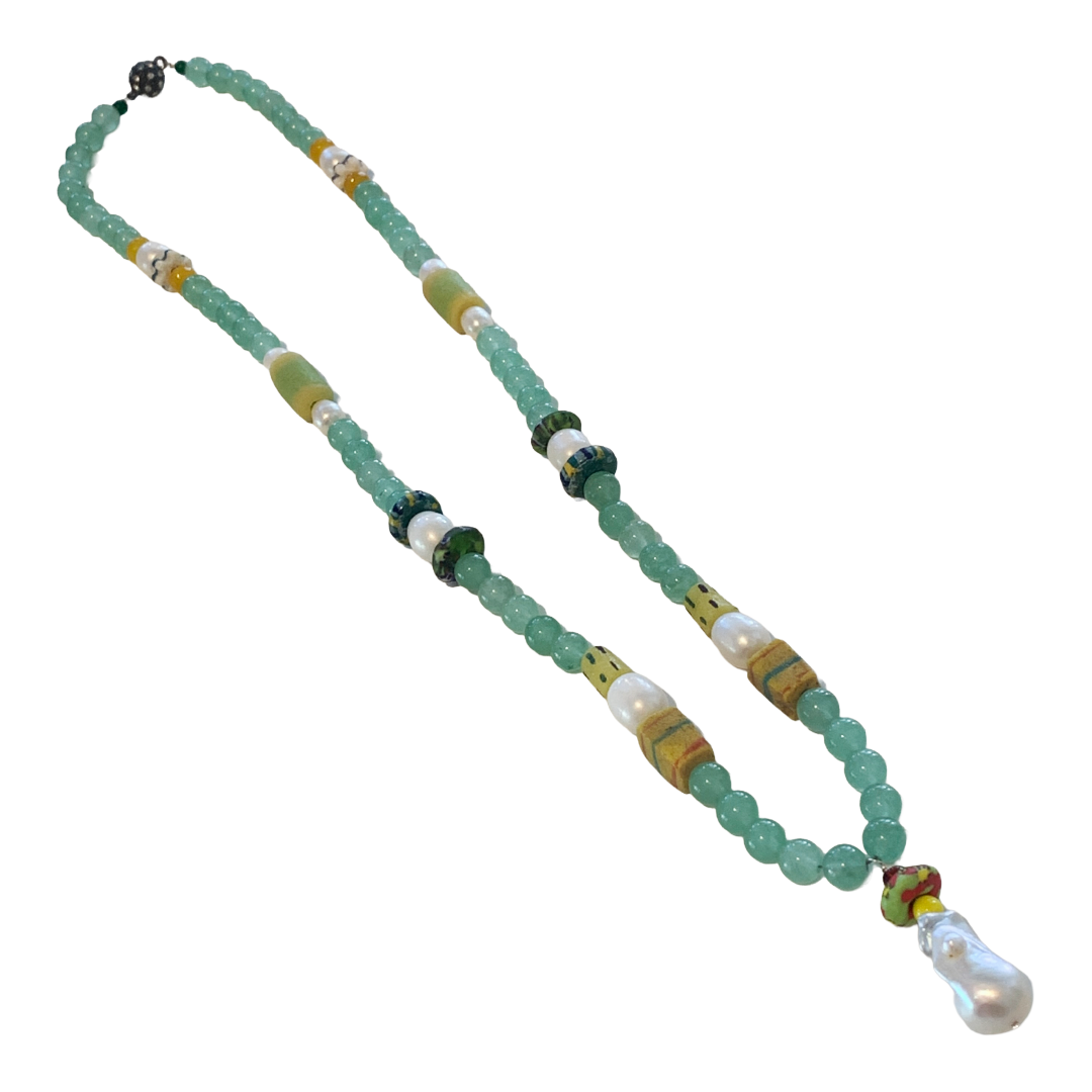 PEARL AND SALTY PLUM | ‘Aventurine Necklace’ | African glass beads + baroque freshwater pearls