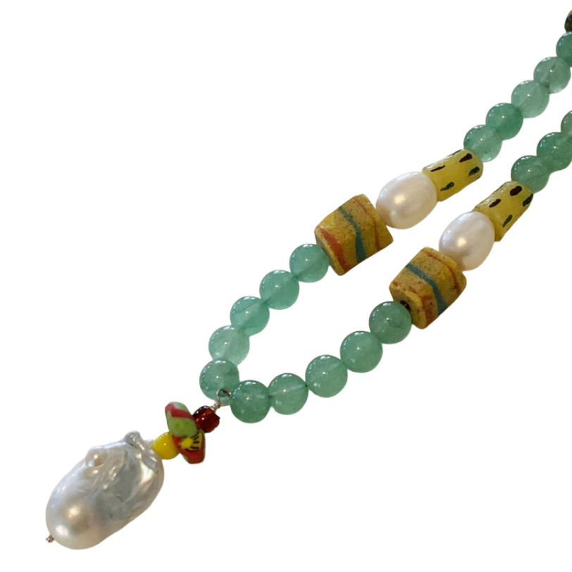 PEARL AND SALTY PLUM | ‘Aventurine Necklace’ | African glass beads + baroque freshwater pearls