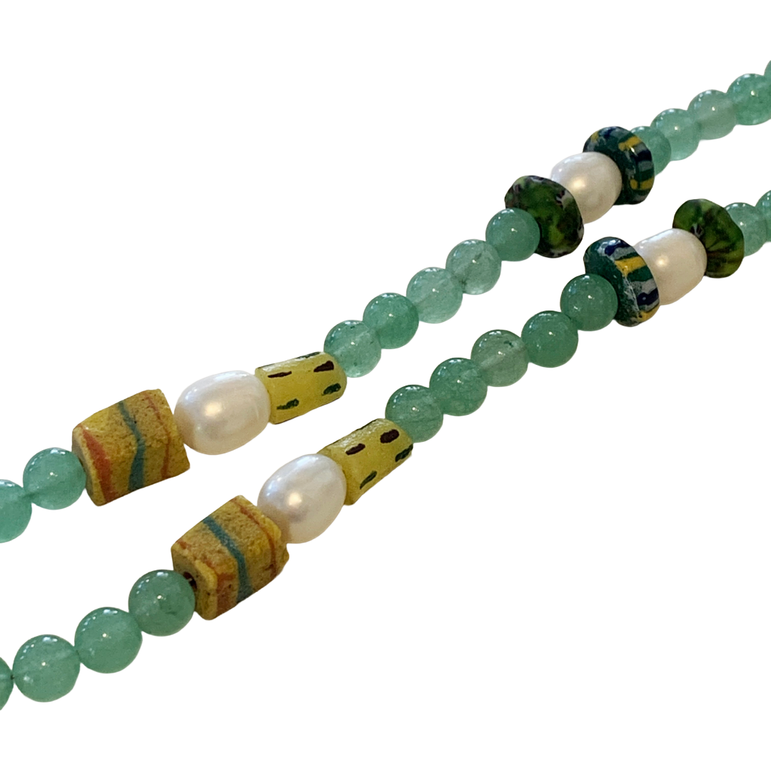 PEARL AND SALTY PLUM | ‘Aventurine Necklace’ | African glass beads + baroque freshwater pearls