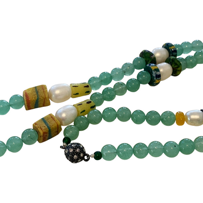 PEARL AND SALTY PLUM | ‘Aventurine Necklace’ | African glass beads + baroque freshwater pearls