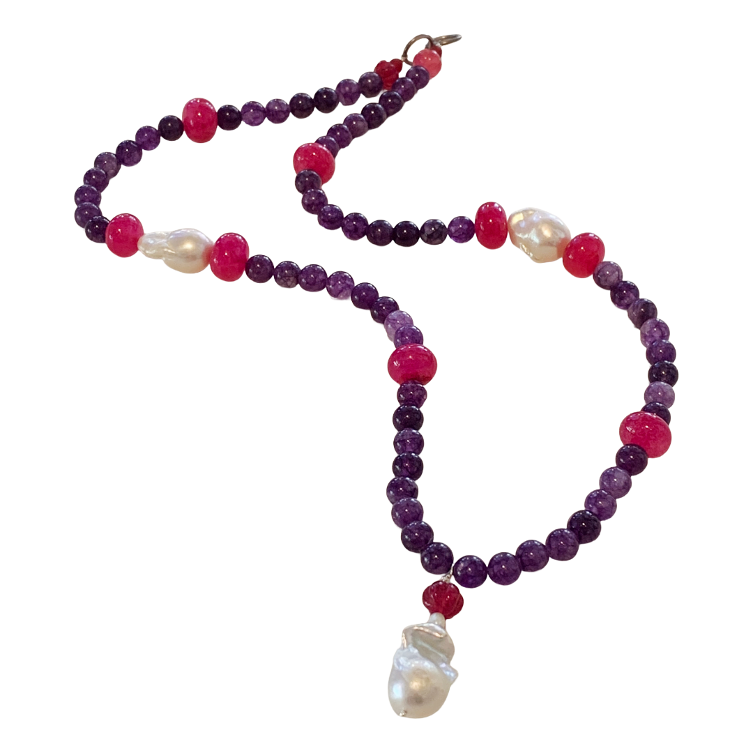 PEARL AND SALTY PLUM | ‘Amethyst Necklace’ | African glass beads + baroque freshwater pearls