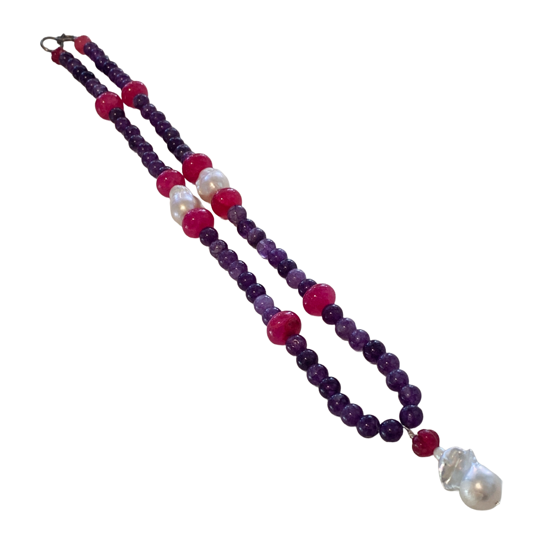PEARL AND SALTY PLUM | ‘Amethyst Necklace’ | African glass beads + baroque freshwater pearls