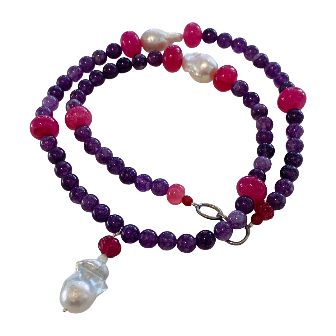 PEARL AND SALTY PLUM | ‘Amethyst Necklace’ | African glass beads + baroque freshwater pearls