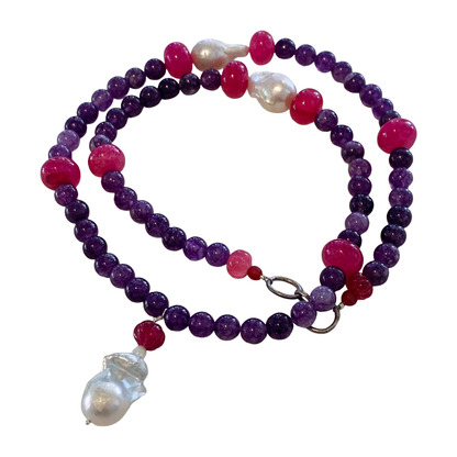 PEARL AND SALTY PLUM | ‘Amethyst Necklace’ | African glass beads + baroque freshwater pearls