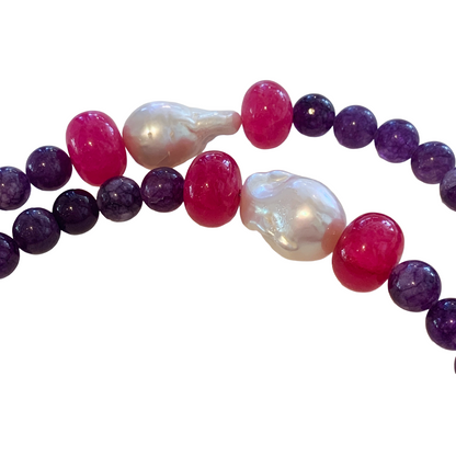 PEARL AND SALTY PLUM | ‘Amethyst Necklace’ | African glass beads + baroque freshwater pearls