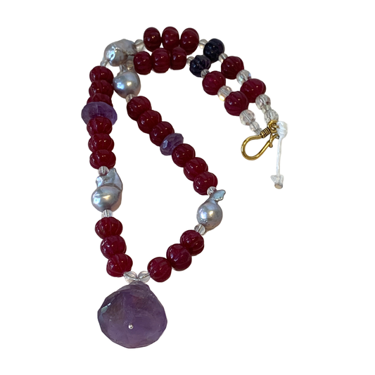 PEARL AND SALTY PLUM | ‘Amethyst Pendant Necklace’ | Enhanced Ruby / Baroque Freshwater Pearls