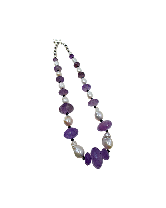 PEARL AND SALTY PLUM | ‘Amethyst + Pearl Necklace’ | Fresh water Baroque pearls / amethyst / spinel