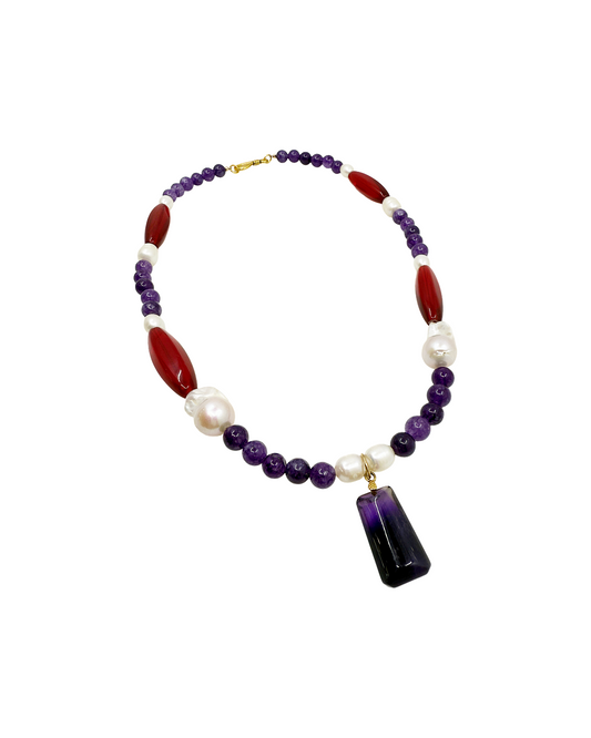 PEARL AND SALTY PLUM | ‘Amethyst Pendant Necklace’ | Bohemian glass beads / freshwater pearls / amethyst beads & pendant