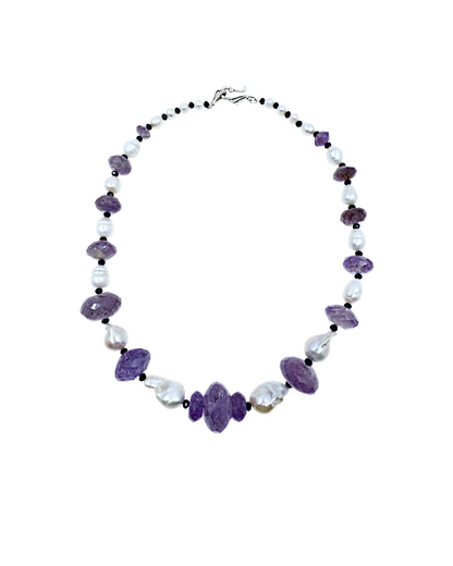 PEARL AND SALTY PLUM | ‘Amethyst + Pearl Necklace’ | Fresh water Baroque pearls / amethyst / spinel