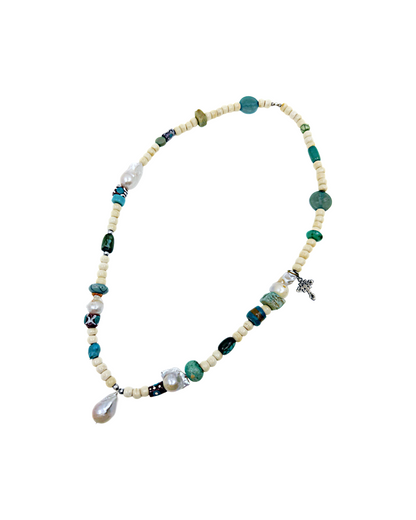 PEARL AND SALTY PLUM | ‘Bone & Blue Bead Necklace’ | Camel bone / Baroque freshwater pearls / African trade beads / resin