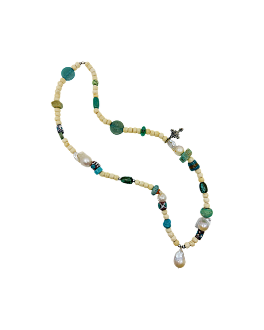 PEARL AND SALTY PLUM | ‘Bone & Blue Bead Necklace’ | Camel bone / Baroque freshwater pearls / African trade beads / resin
