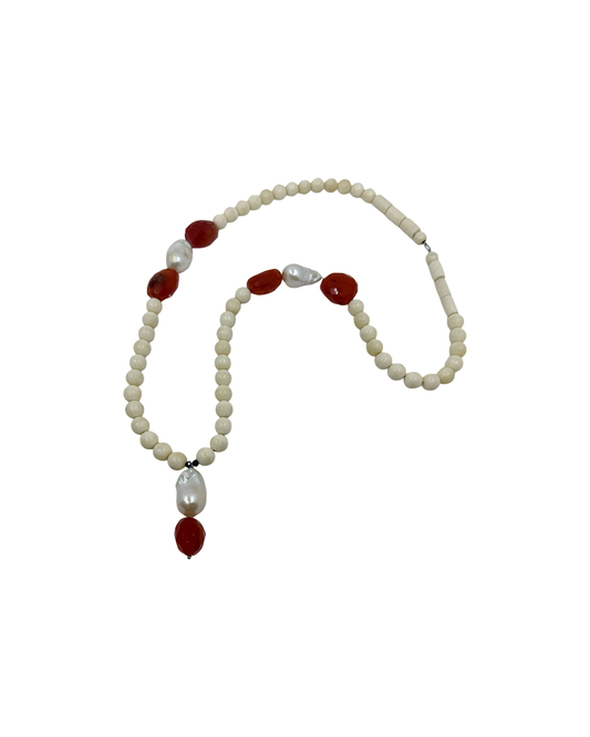 PEARL AND SALTY PLUM | ‘Carnelian and Camel Necklace’ | Carnelian / Baroque freshwater pearls / camel bone