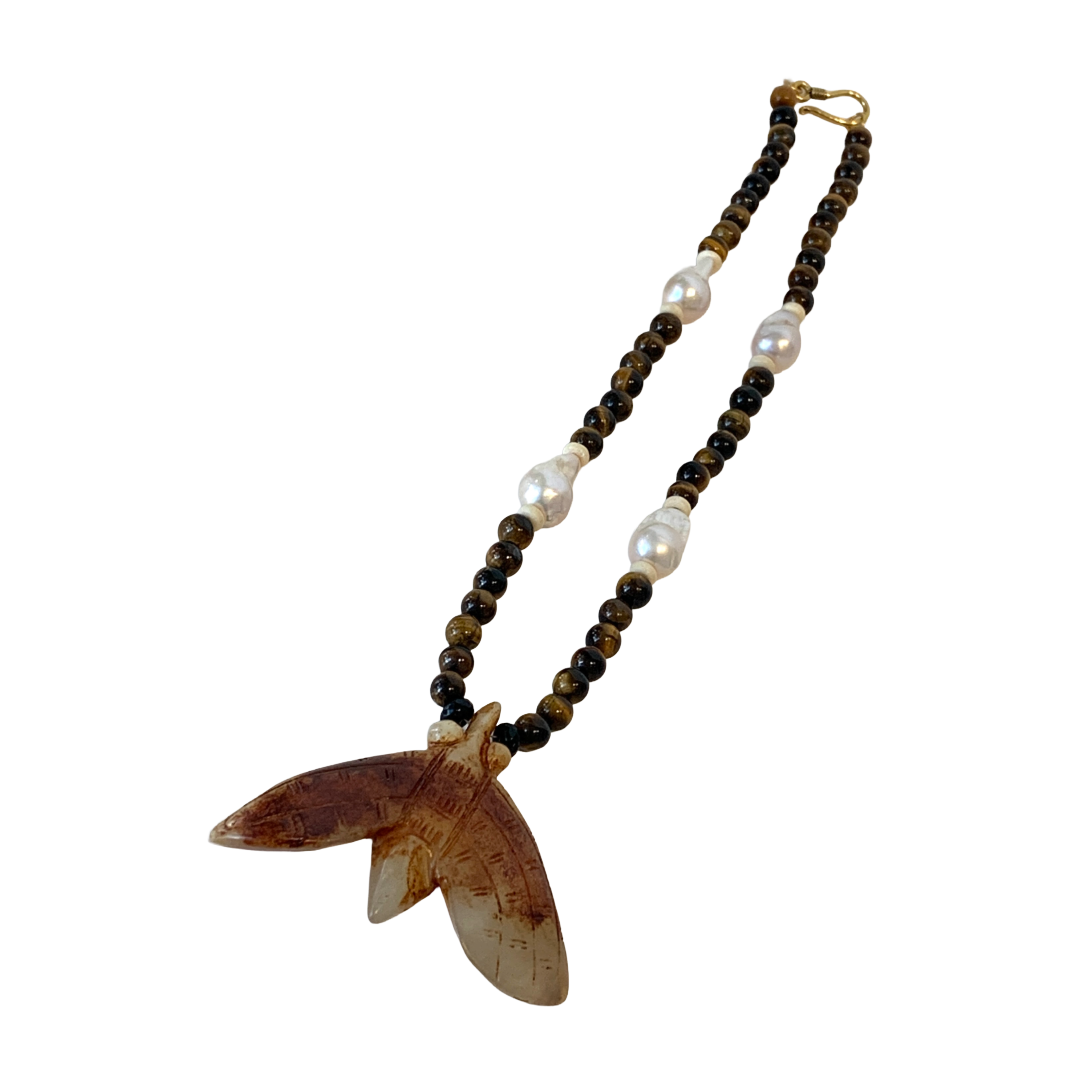 PEARL AND SALTY PLUM | ‘Stone Bird + Tigers Eye Bead Necklace | Baroque Freshwater Pearls