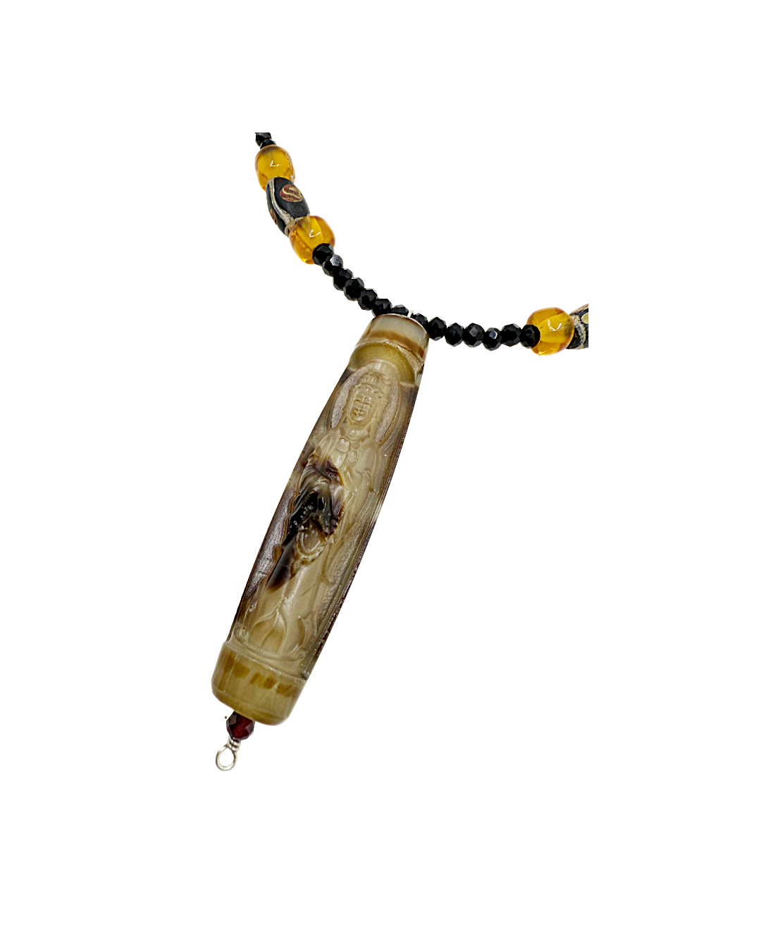 PEARL AND SALTY PLUM | ‘Carved Pendant Necklace’ | Spinel / African trade beads / freshwater pearls / carved bead