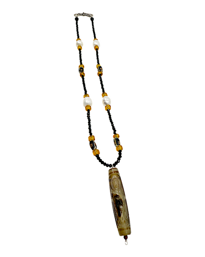 PEARL AND SALTY PLUM | ‘Carved Pendant Necklace’ | Spinel / African trade beads / freshwater pearls / carved bead