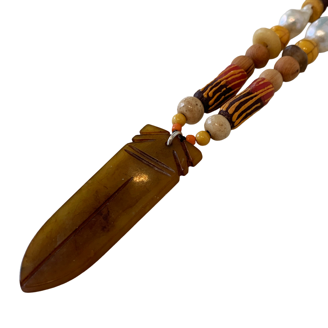 PEARL AND SALTY PLUM | ‘Cicada Necklace’ | glass pendant | mixed beads + baroque freshwater pearls