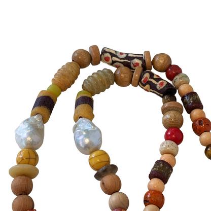 PEARL AND SALTY PLUM | ‘Cicada Necklace’ | glass pendant | mixed beads + baroque freshwater pearls
