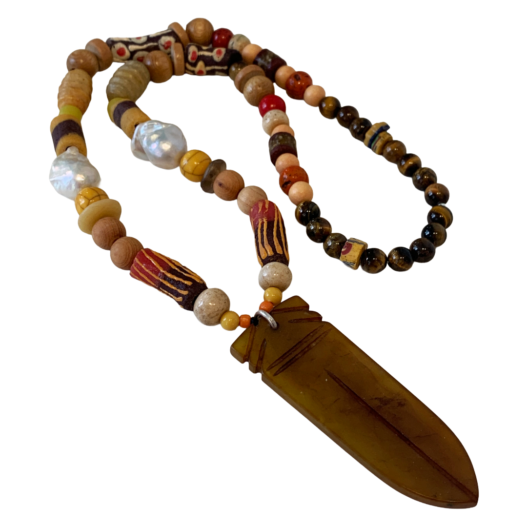 PEARL AND SALTY PLUM | ‘Cicada Necklace’ | glass pendant | mixed beads + baroque freshwater pearls