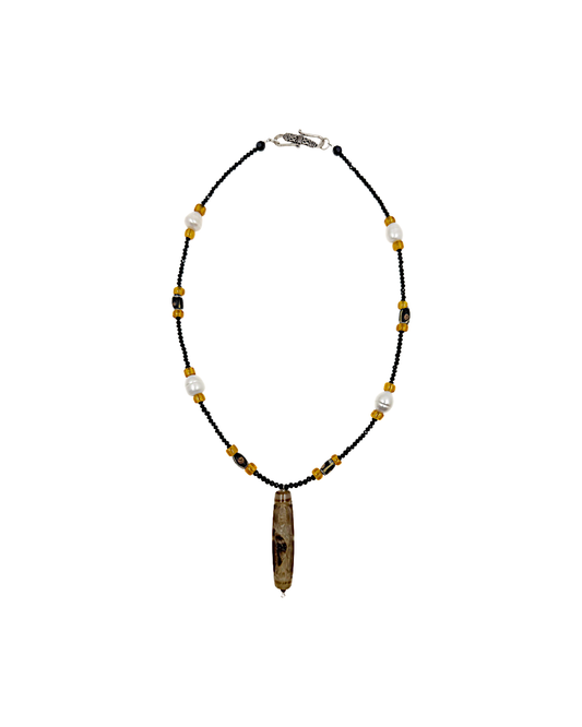 PEARL AND SALTY PLUM | ‘Carved Pendant Necklace’ | Spinel / African trade beads / freshwater pearls / carved bead