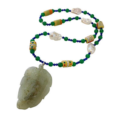 PEARL AND SALTY PLUM | ‘Jade Leaf Pendant Necklace’ | mixed beads + baroque freshwater pearls
