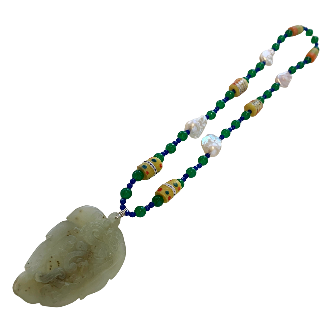 PEARL AND SALTY PLUM | ‘Jade Leaf Pendant Necklace’ | mixed beads + baroque freshwater pearls